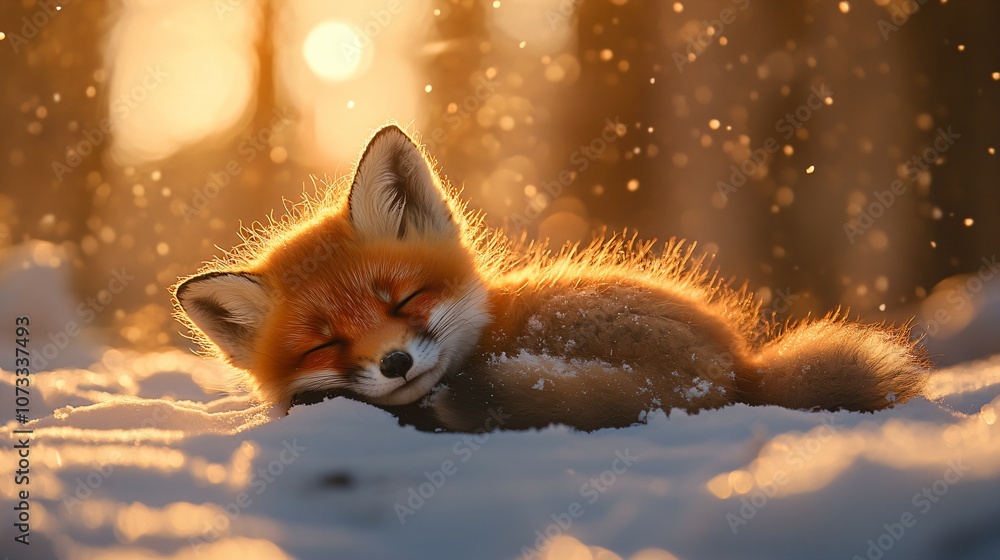 Fototapeta premium cute fox cub sleeping in the wild on the background of winter at sunset, the incredible beauty of winter wildlife