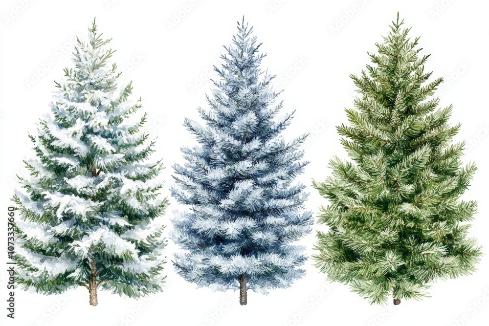 Collection of snow frosted evergreen trees on a white background highlighting winter elegance and festive holiday greenery in cool natural tones Collection of snow frosted evergreen trees on a white background highlighting winter elegance and festive holiday greenery in cool natural tones