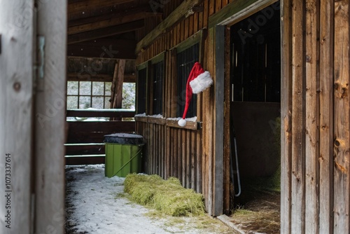 Wooden stable interior with hay and a festive Santa hat on the wall photo