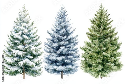 Collection of snow frosted evergreen trees on a white background highlighting winter elegance and festive holiday greenery in cool natural tones