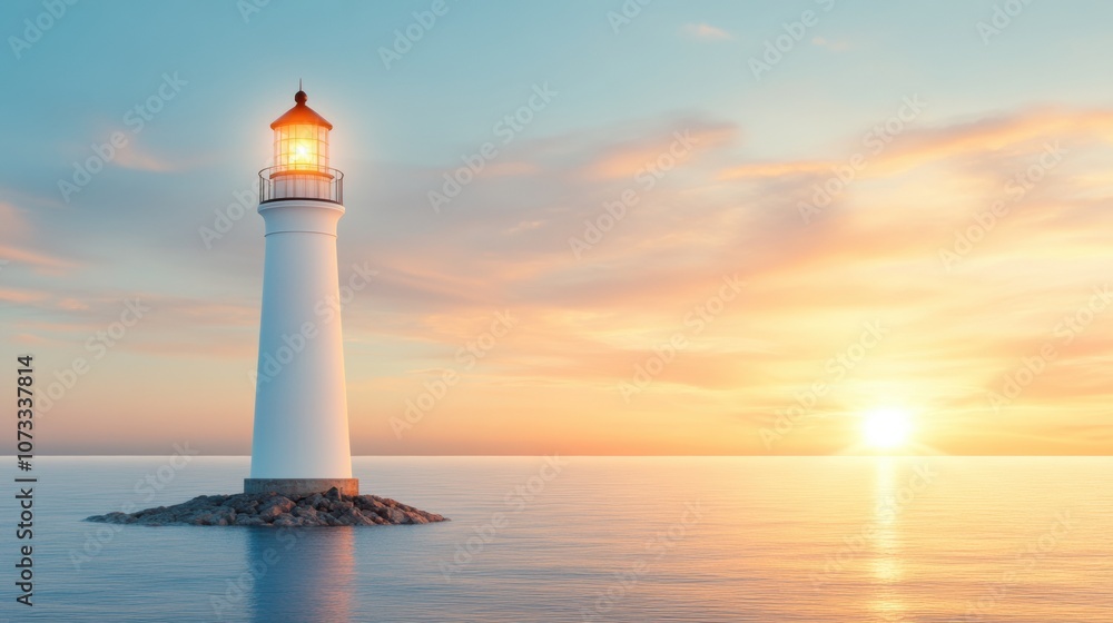 Lighthouse stands tall against a serene sunset over calm ocean waters, AI Lighthouse stands tall against a serene sunset over calm ocean waters, AI