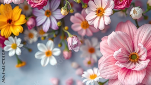 A close-up of delicate pink and white flowers on a light blue background