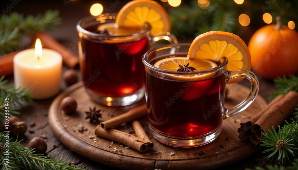 Mulled wine with cinnamon and orange for holiday gathering. Two glasses, cups, Christmas atmosphere and setting, orange slices, cinnamon, the whole composition on a wooden board. Mulled wine with cinnamon and orange for holiday gathering. Two glasses, cups, Christmas atmosphere and setting, orange slices, cinnamon, the whole composition on a wooden board.