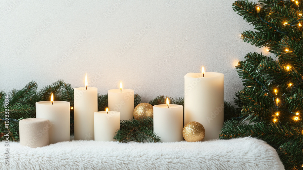 Elegant arrangement of white candles on a soft fabric with festive greenery and lights. Elegant arrangement of white candles on a soft fabric with festive greenery and lights.