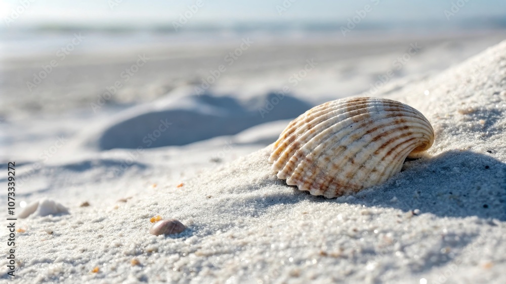 Seashell nestled in pristine white sand, a moment of tranquility captured on a sun-drenched shore Seashell nestled in pristine white sand, a moment of tranquility captured on a sun-drenched shore
