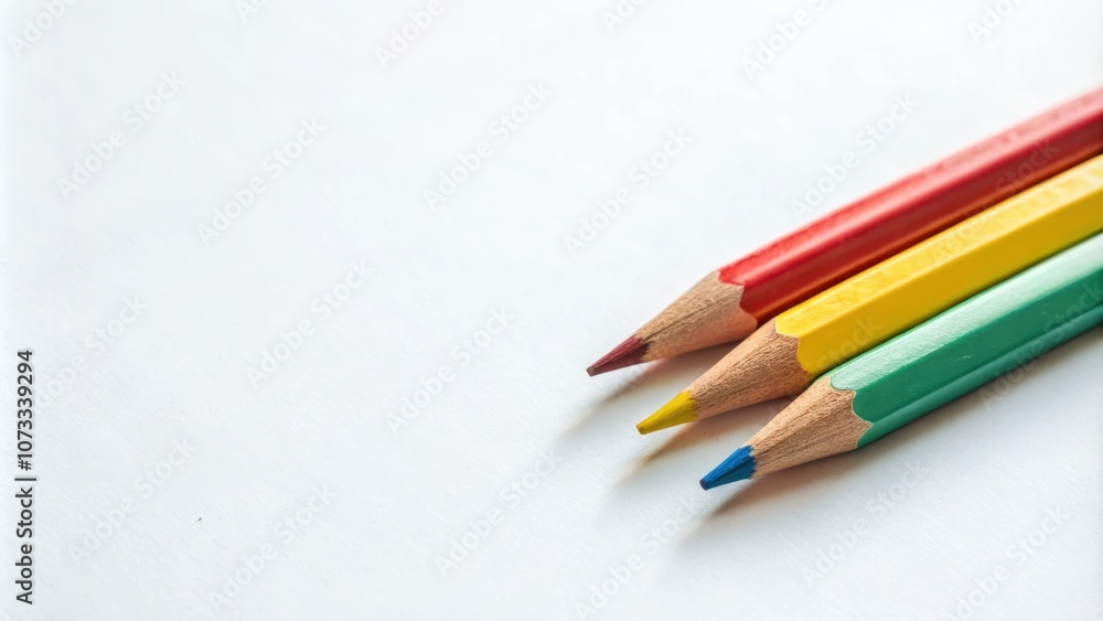 Three sharpened colored pencils in red, yellow and green on a white background, ready for artistic expression. Three sharpened colored pencils in red, yellow and green on a white background, ready for artistic expression.