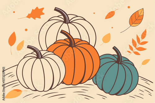 Different kind of pumpkins closeup. Halloween and autumn background
