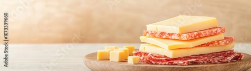 Cheese slices layered with small cubes, cozy background, charcuteriestyle appetizer setup photo