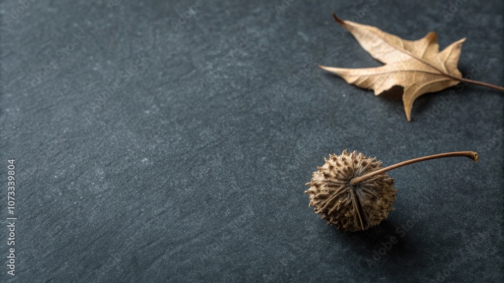 A single dry seed pod and a dry leaf on a dark slate surface. The texture of the pod and leaf are in focus, while the slate surface is blurred in the background. A single dry seed pod and a dry leaf on a dark slate surface. The texture of the pod and leaf are in focus, while the slate surface is blurred in the background.