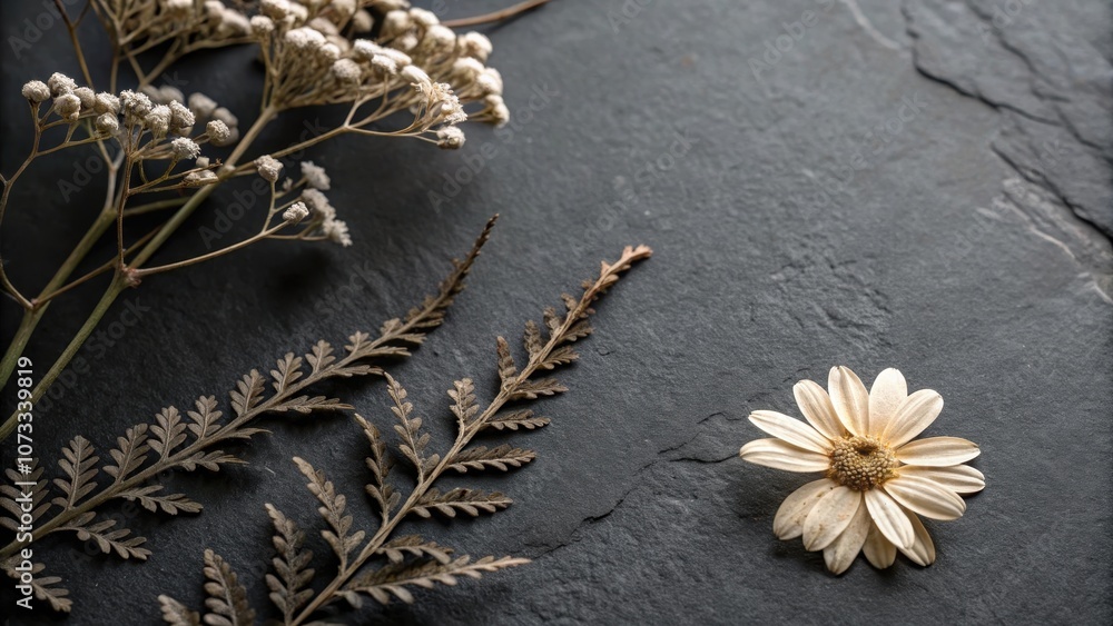 A solitary daisy rests on a slate surface surrounded by delicate fern fronds and a sprig of dried white blossoms, creating a minimalist and elegant nature scene. A solitary daisy rests on a slate surface surrounded by delicate fern fronds and a sprig of dried white blossoms, creating a minimalist and elegant nature scene.