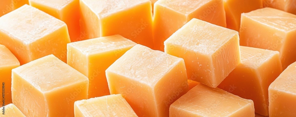 Closeup of perfectly cut cheese cubes and thin slices, bright studio lighting, clean minimal background Closeup of perfectly cut cheese cubes and thin slices, bright studio lighting, clean minimal background