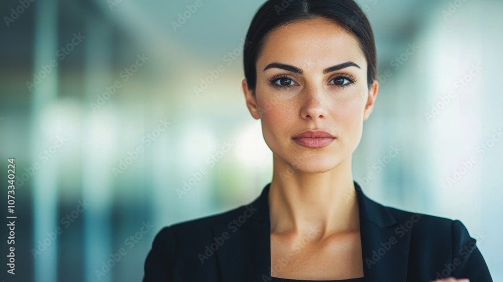 Confident businesswoman in a modern office setting, showcasing professionalism and determination with a focused expression. Confident businesswoman in a modern office setting, showcasing professionalism and determination with a focused expression.