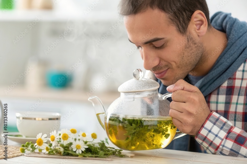 A man is savoring the fragrant steam rising from a glass teapot filled with herbal tea. The bright kitchen features fresh flowers on the table, creating a warm and inviting atmosphere for relaxation. A man is savoring the fragrant steam rising from a glass teapot filled with herbal tea. The bright kitchen features fresh flowers on the table, creating a warm and inviting atmosphere for relaxation.