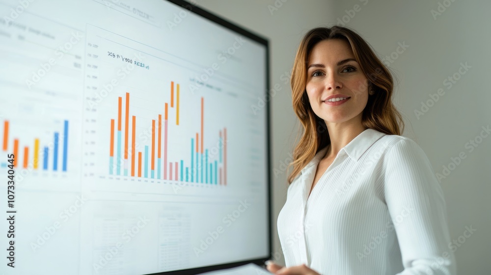 A confident businesswoman smiling while analyzing financial data on a digital screen, showcasing her professionalism and expertise. A confident businesswoman smiling while analyzing financial data on a digital screen, showcasing her professionalism and expertise.
