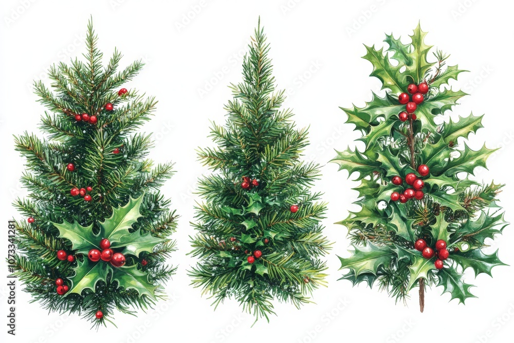 Trio of green pine trees decorated with red berries and holly perfect for adding natural charm to outdoor Christmas decor Trio of green pine trees decorated with red berries and holly perfect for adding natural charm to outdoor Christmas decor