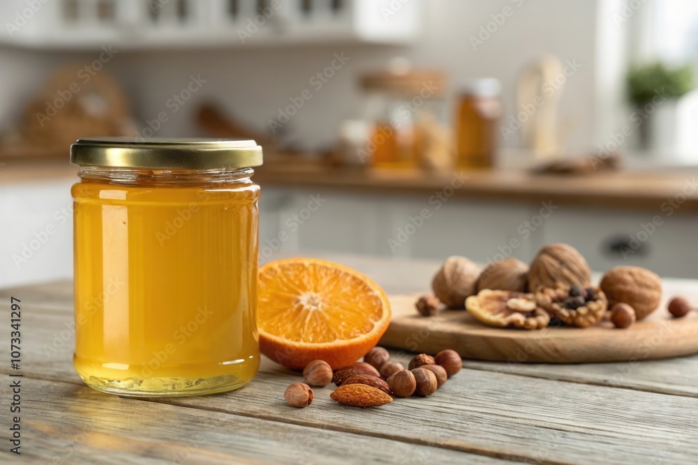 A jar of golden honey sits on a wooden table alongside a halved orange and an assortment of nuts, creating a warm and inviting atmosphere in a cozy kitchen filled with natural light. A jar of golden honey sits on a wooden table alongside a halved orange and an assortment of nuts, creating a warm and inviting atmosphere in a cozy kitchen filled with natural light.