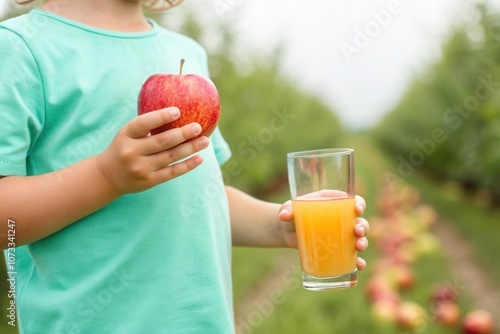 A child is standing in an apple orchard, holding a bright red apple in one hand and a glass of orange juice in the other. The lush green trees and rows of apples create a vibrant backdrop, highlightin photo