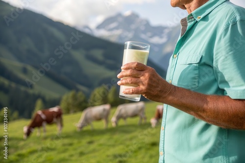 A person holds a glass of fresh milk while standing amidst grazing cows in a picturesque mountainous landscape. The lush green hills and towering peaks create a serene backdrop, showcasing rural tranq photo