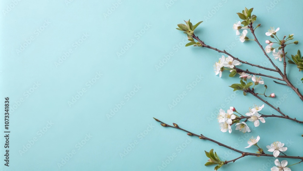 Delicate White Blossoms on a Branch Against a Light Blue Background Delicate White Blossoms on a Branch Against a Light Blue Background