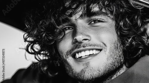 A man with curly hair is smiling with his teeth showing