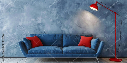 The interior room with sofa and armchair on empty dark blue concrete wall background