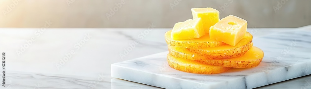 Thin slices and diced cubes of cheese stacked on a marble board, elegant food presentation Thin slices and diced cubes of cheese stacked on a marble board, elegant food presentation