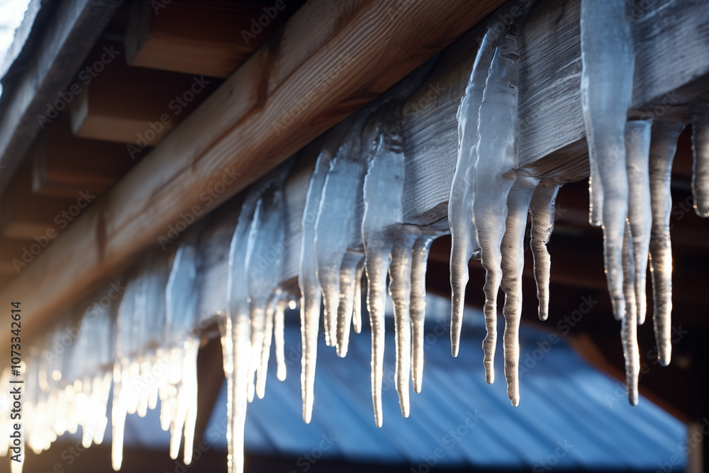 Close-up of icicles hanging from wooden eaves with sunlight illuminating their icy beauty Close-up of icicles hanging from wooden eaves with sunlight illuminating their icy beauty