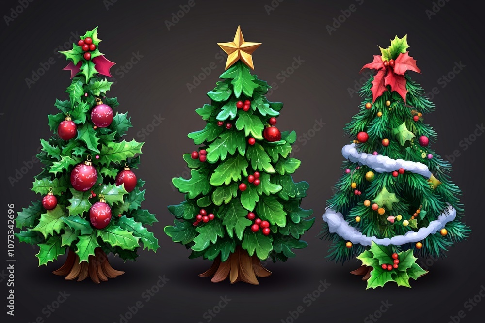 Trio of animated Christmas trees decorated with ornaments ribbons and lights adding a playful and festive vibe to holiday decor on a dark background Trio of animated Christmas trees decorated with ornaments ribbons and lights adding a playful and festive vibe to holiday decor on a dark background