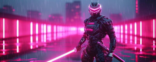 Leinwandbilder Rosa A futuristic warrior with glowing armor stands in a neon-lit rain-soaked cityscape, exuding power and mystery.  © Naphol