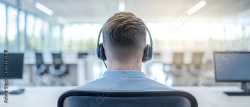 A man wearing headphones is sitting in a cubicle