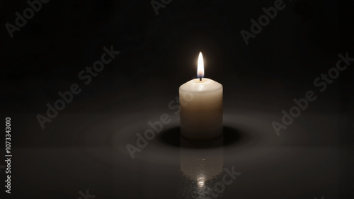 White candle on dark reflective surface