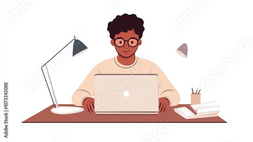 Young African American man focused on coding at his desk with laptop and modern lighting.