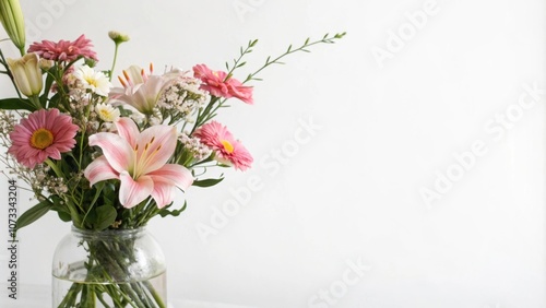 A delicate bouquet of pink and white flowers in a clear glass vase, showcasing the beauty of nature against a simple white backdrop.