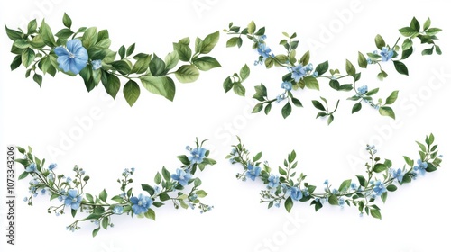 Wallpaper Mural Watercolor Floral Border with Blue Flowers and Green Leaves Torontodigital.ca