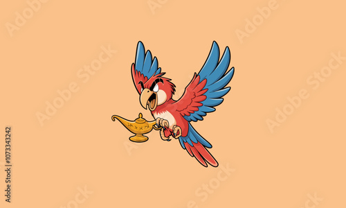 Red parrot holding a magic lamp, flying with open wings.