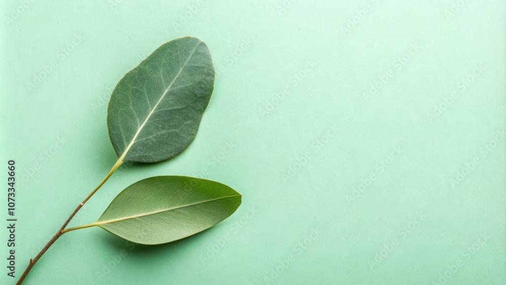 Fototapeta premium Two Green Leaves on a Light Green Background