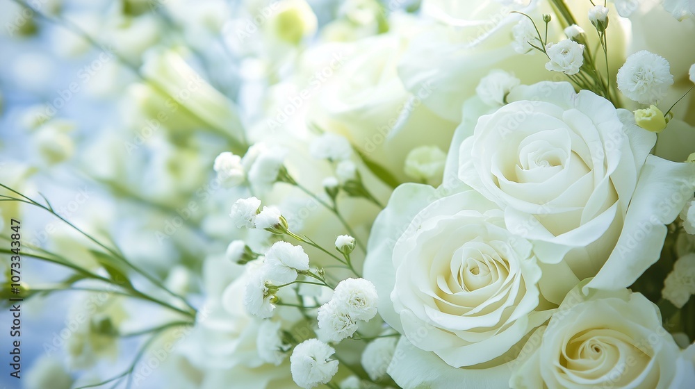 Delicate white roses and baby's breath create a timeless and elegant floral arrangement, perfect for weddings and special occasions. Delicate white roses and baby's breath create a timeless and elegant floral arrangement, perfect for weddings and special occasions.