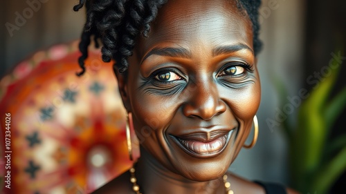 A woman with dark brown skin and black dreadlocks smiles warmly for the camera