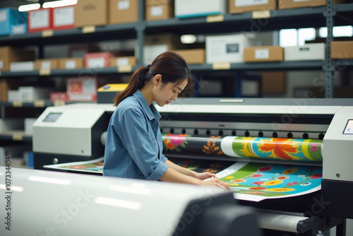 An employee is working in a printing house, operating a large printing machine