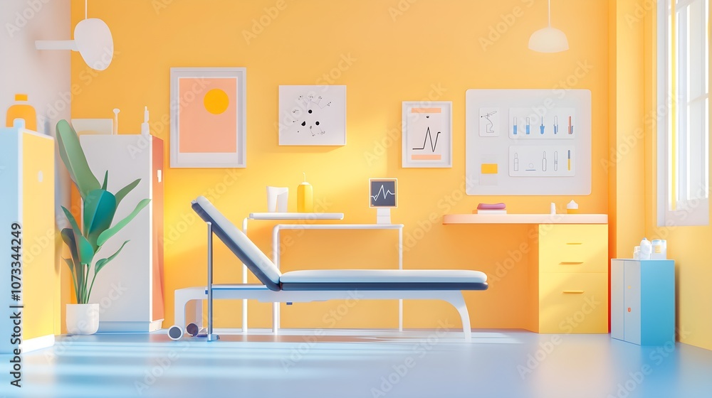 Fototapeta premium Minimalist Medical Clinic Interior with Yellow Walls and Examination Table