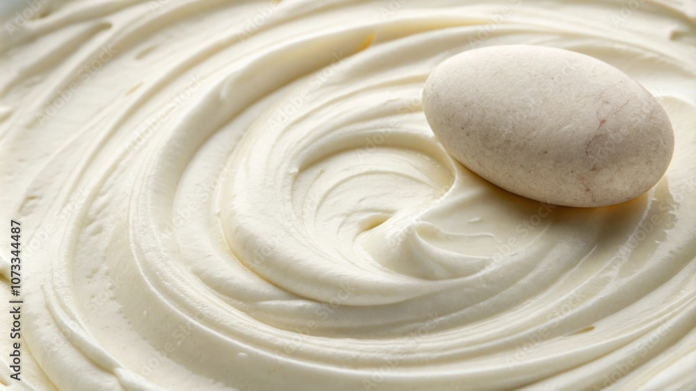 A smooth, white swirl of creamy texture with a light grey stone resting on top. A smooth, white swirl of creamy texture with a light grey stone resting on top.