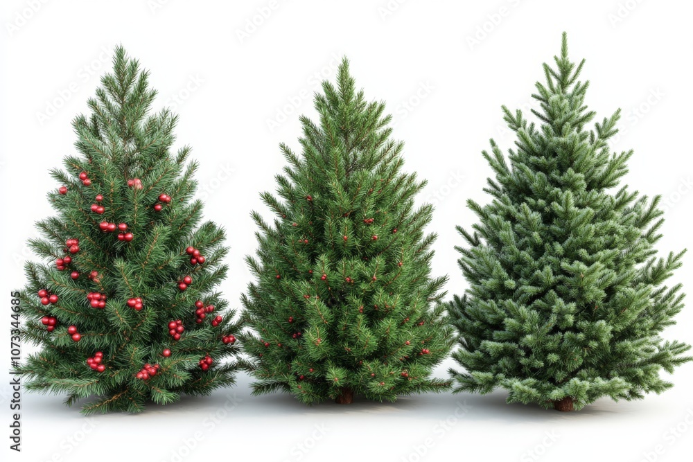 Set of lush green Christmas trees with traditional decorations arranged side by side representing classic holiday style with natural charm Set of lush green Christmas trees with traditional decorations arranged side by side representing classic holiday style with natural charm
