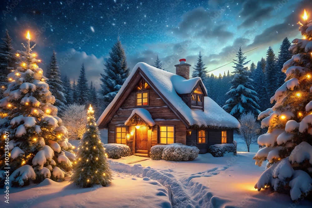 christmas house in the forest, interior christmas. magic glowing tree. christmas house in the forest, interior christmas. magic glowing tree.