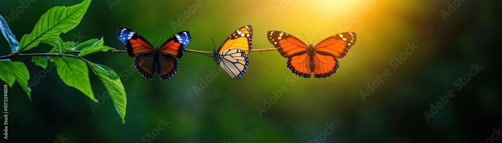 Three vibrant butterflies display their colorful wings against a lush green background, illuminated by warm sunlight. Three vibrant butterflies display their colorful wings against a lush green background, illuminated by warm sunlight.