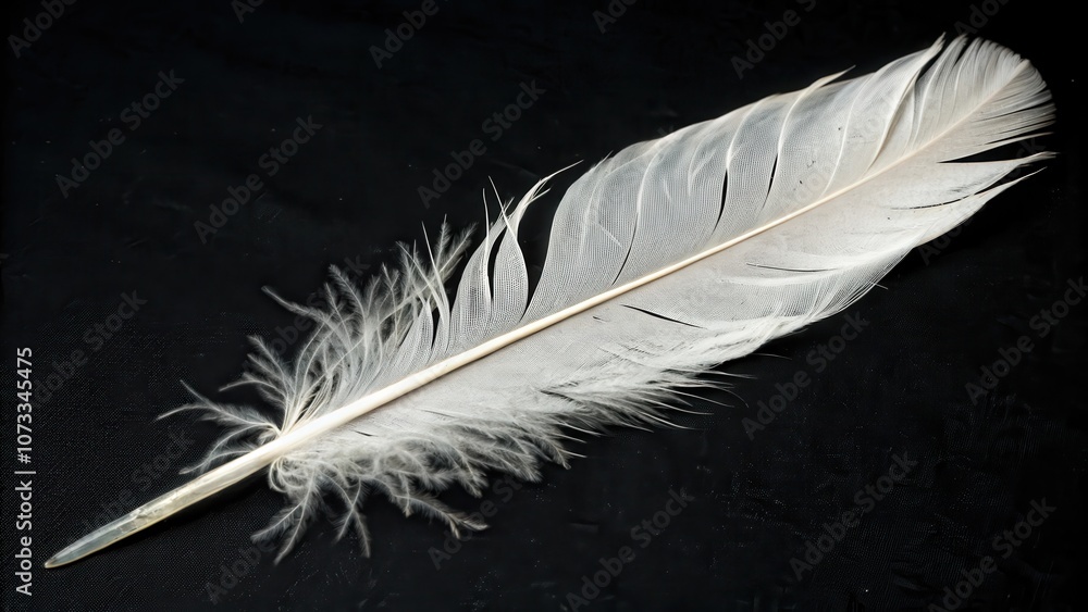 Obraz premium A single, pristine white feather isolated against a dark background, showcasing intricate detail and delicate texture.