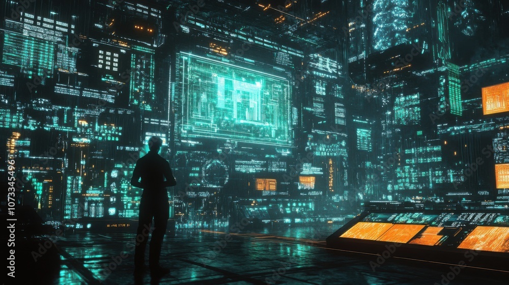 AI managing a smart city grid, overseeing energy distribution with holographic displays AI managing a smart city grid, overseeing energy distribution with holographic displays