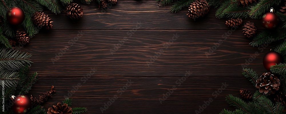 A festive arrangement of pine branches, cones, and ornaments on a dark wooden background. A festive arrangement of pine branches, cones, and ornaments on a dark wooden background.