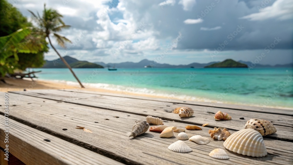 Seashells scattered on a weathered wooden deck overlooking a tropical beach with a palm tree swaying in the breeze and a turquoise sea in the distance. Seashells scattered on a weathered wooden deck overlooking a tropical beach with a palm tree swaying in the breeze and a turquoise sea in the distance.