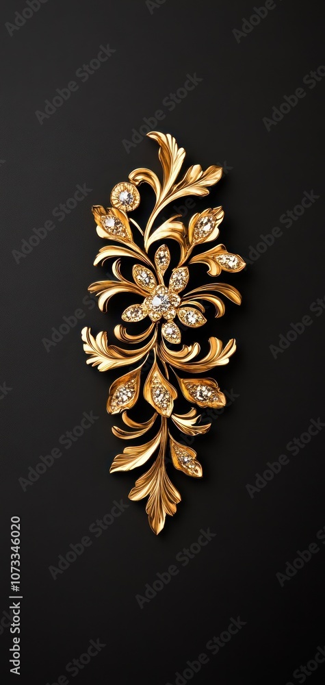 A decorative gold and diamond floral brooch, showcasing intricate design and craftsmanship against a black background.