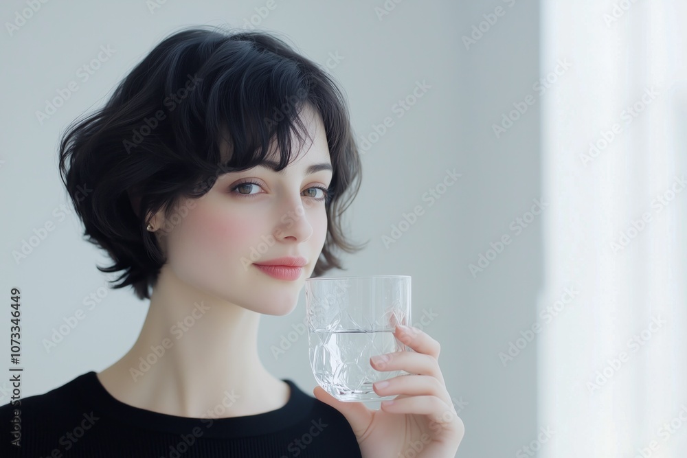 A woman with short hair enjoying a refreshing glass of water in a minimalist setting during daylight A woman with short hair enjoying a refreshing glass of water in a minimalist setting during daylight